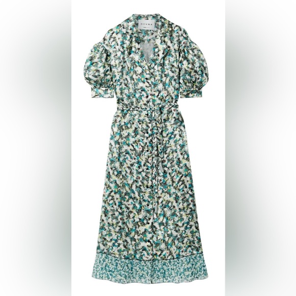 NWT DYVNA belted printed chiffon trimmed hammered silk satin midi length dress - Picture 5 of 15